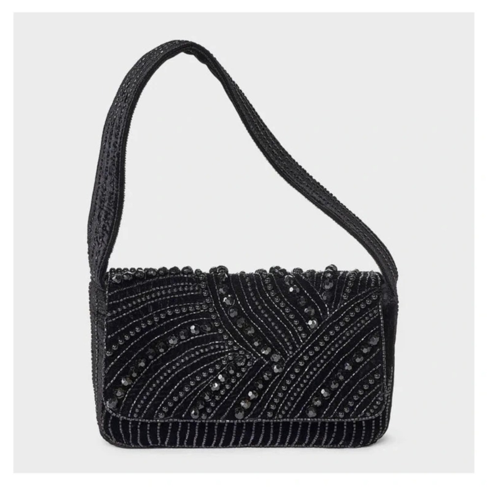 Embellished Flap Shoulder Bag - Black
